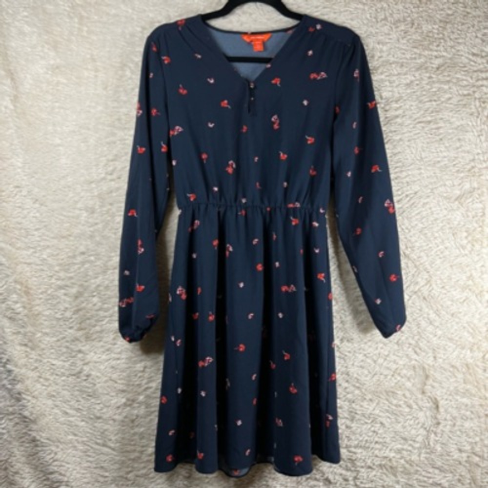 Joe Fresh Womens XS A‎ Line Dress Blue Orange Floral Stretch V Neck Long Sleeve